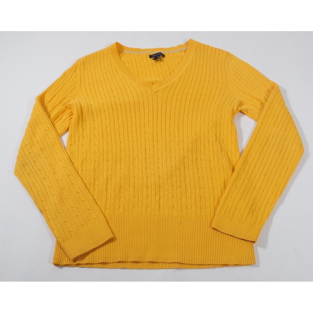 Tommy Hilfiger Sweater Womens XL Yellow Cable Knit V-Neck Cotton Long Sleeve Top